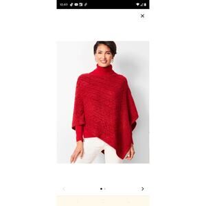 talbots Red Crochet Poncho Sweater OS Cable Knit Asymmetrical Boho Cotton